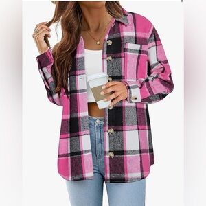 Women’s Pink Flannel Shacket Jacket Plaid Button Down